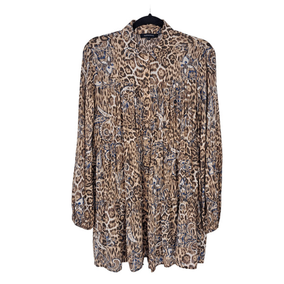 Olivaceous Long Sleeve Mini Dress Tunic Cheetah Print Floral Brown Womens Size S - Picture 1 of 7
